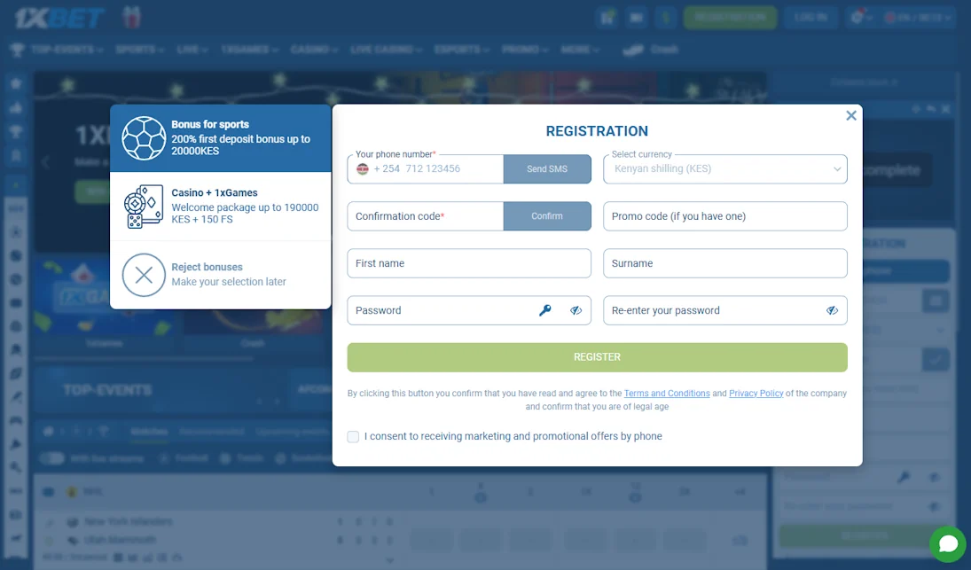 1xBet Sportsbook and Casino Registration Screenshot